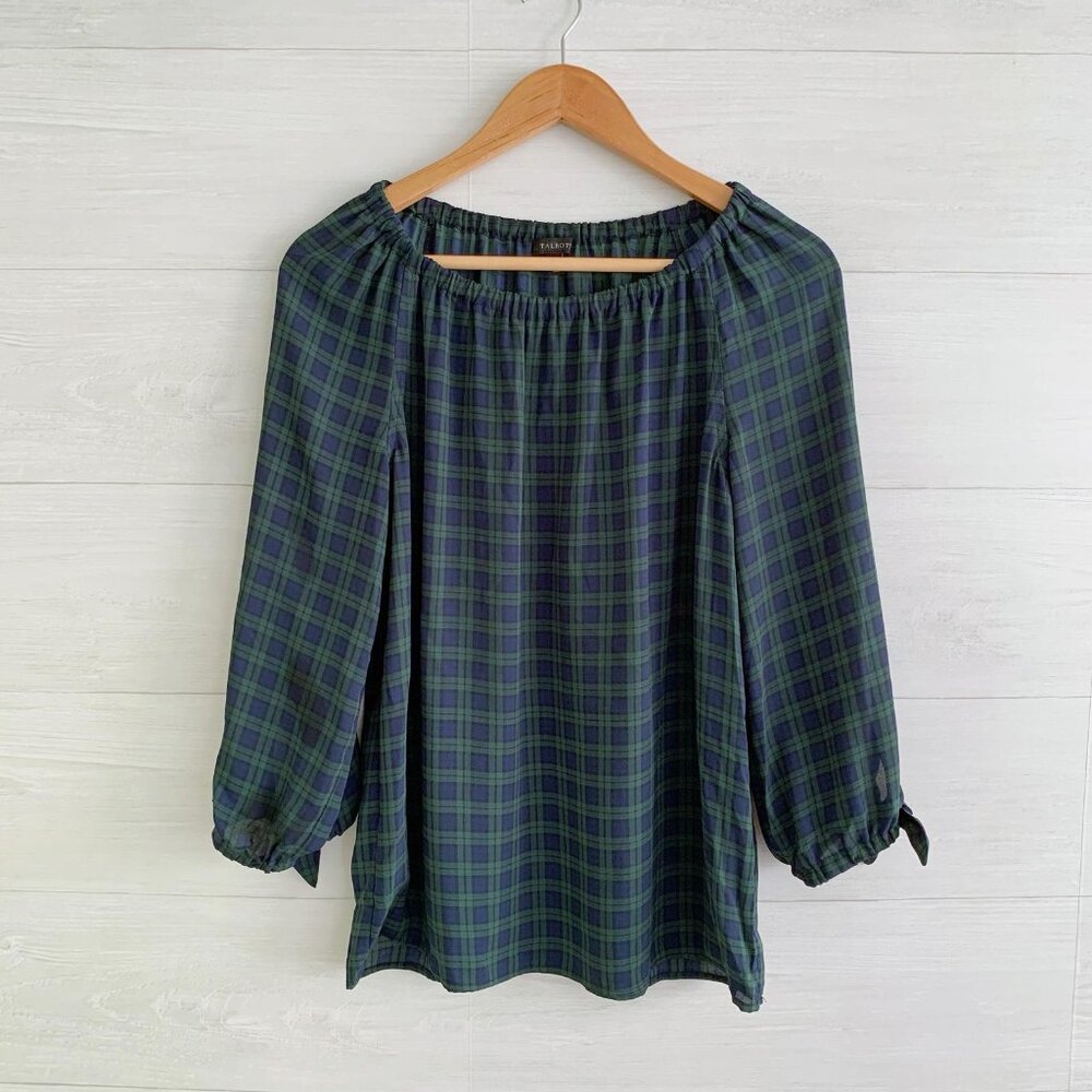 Talbots - Navy green plaid elastic neckline 3/4 tie sleeve chiffon top, S